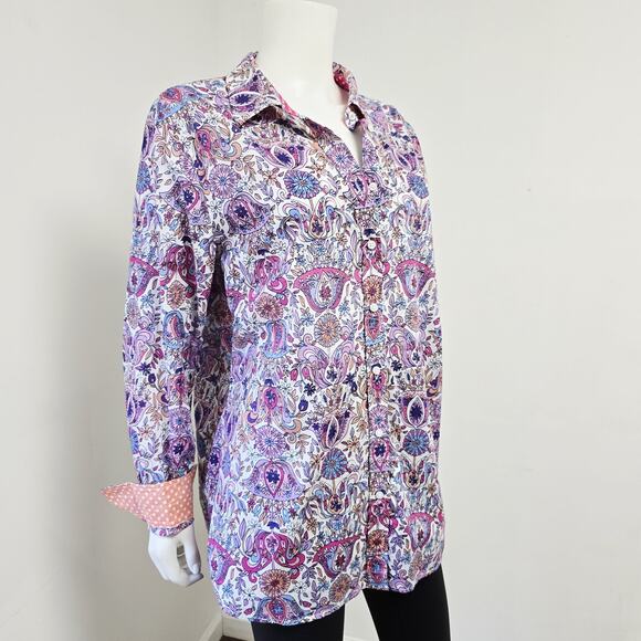 Talbots Shirt Size XL Contrast Cuffs Button Front Purple Floral Art Nouveau - Picture 5 of 8